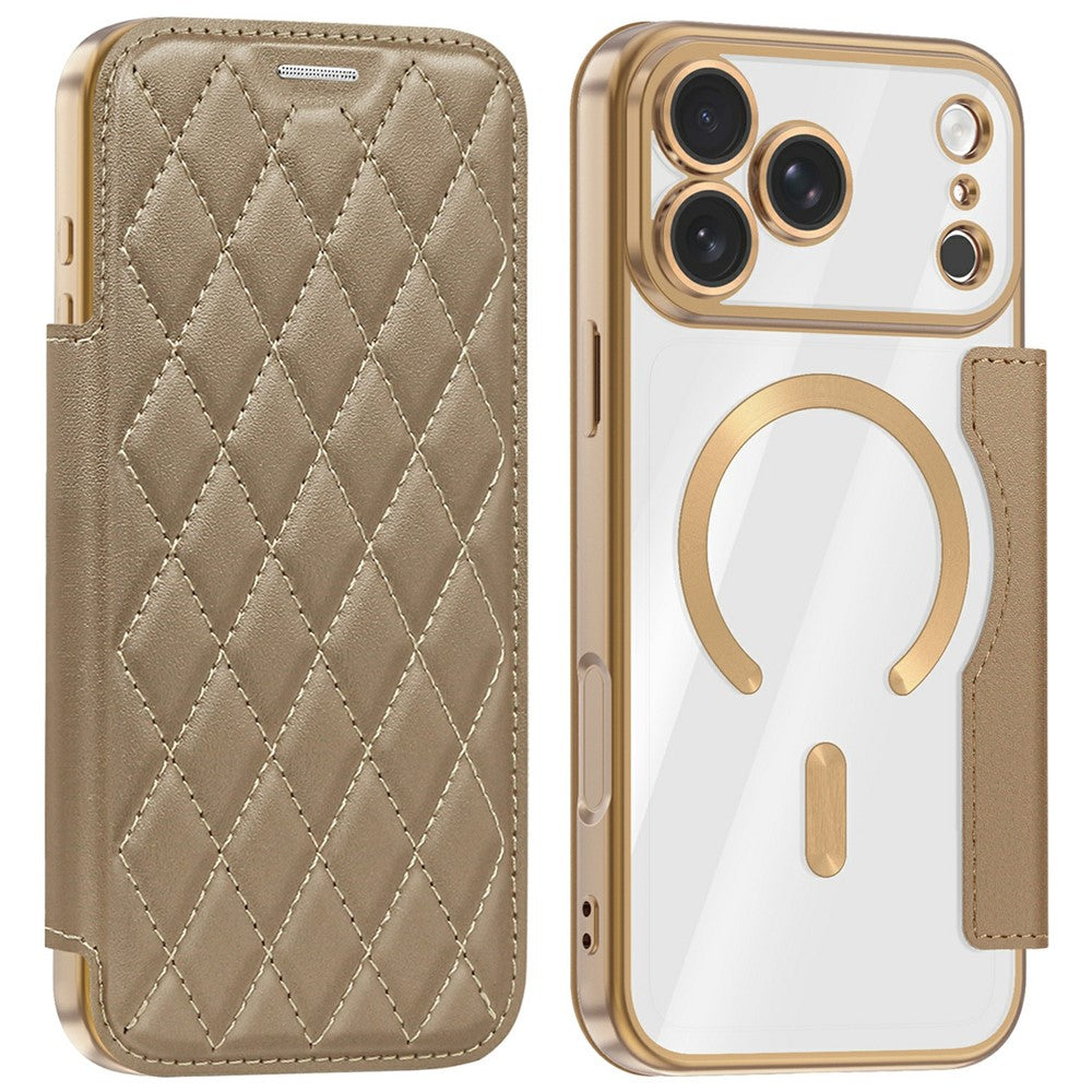 For iPhone 18 Pro Max Magnetic Case RFID Blocking Card Holder Rhombus PU Leather Phone Cover with Lens Film