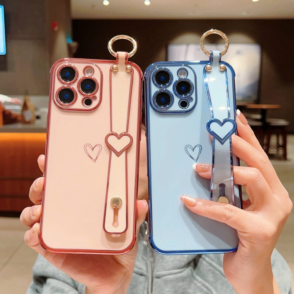 For iPhone 16 Pro Case Electroplated Heart Pattern TPU Phone Back Cover with Wristband Kickstand