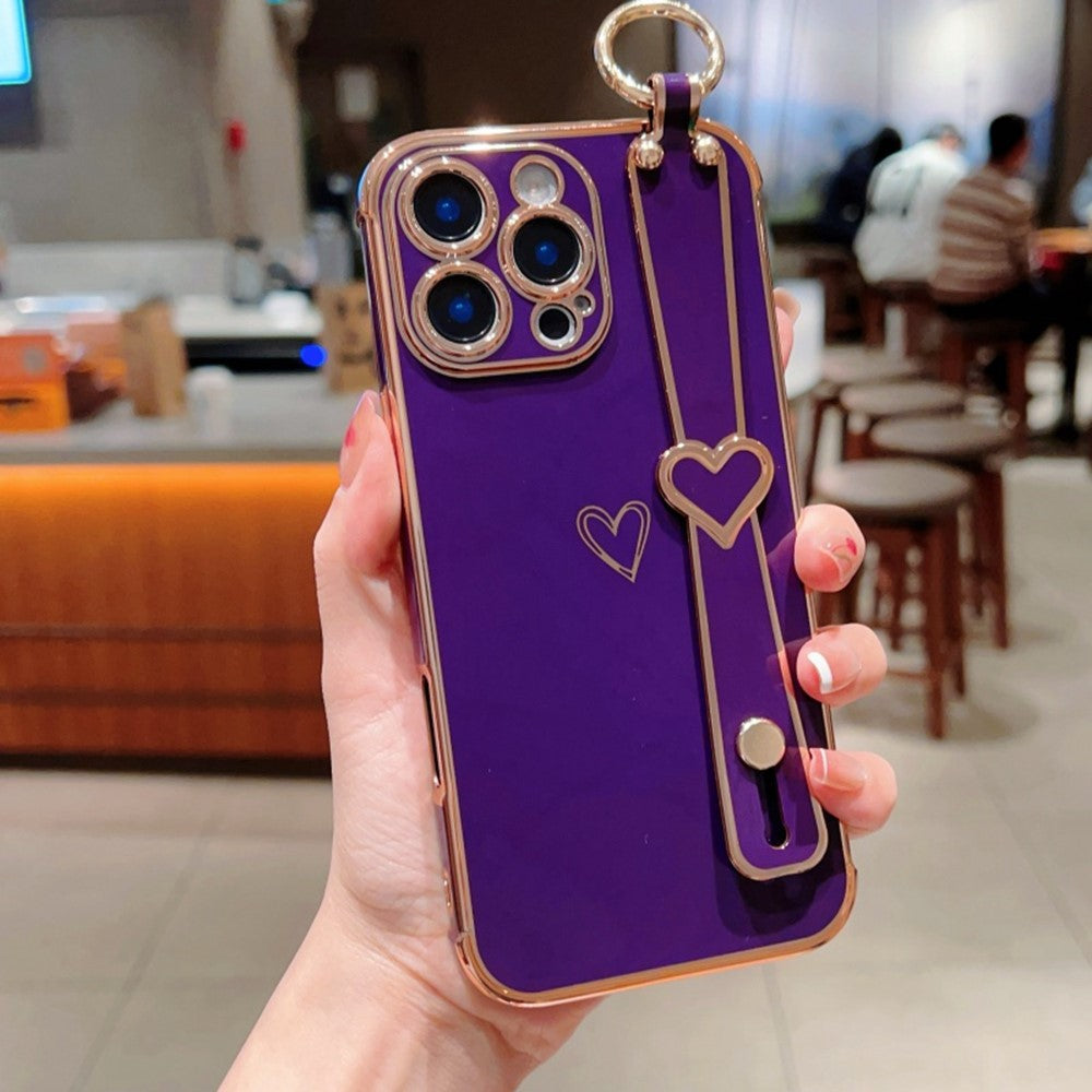 For iPhone 16 Pro Case Electroplated Heart Pattern TPU Phone Back Cover with Wristband Kickstand