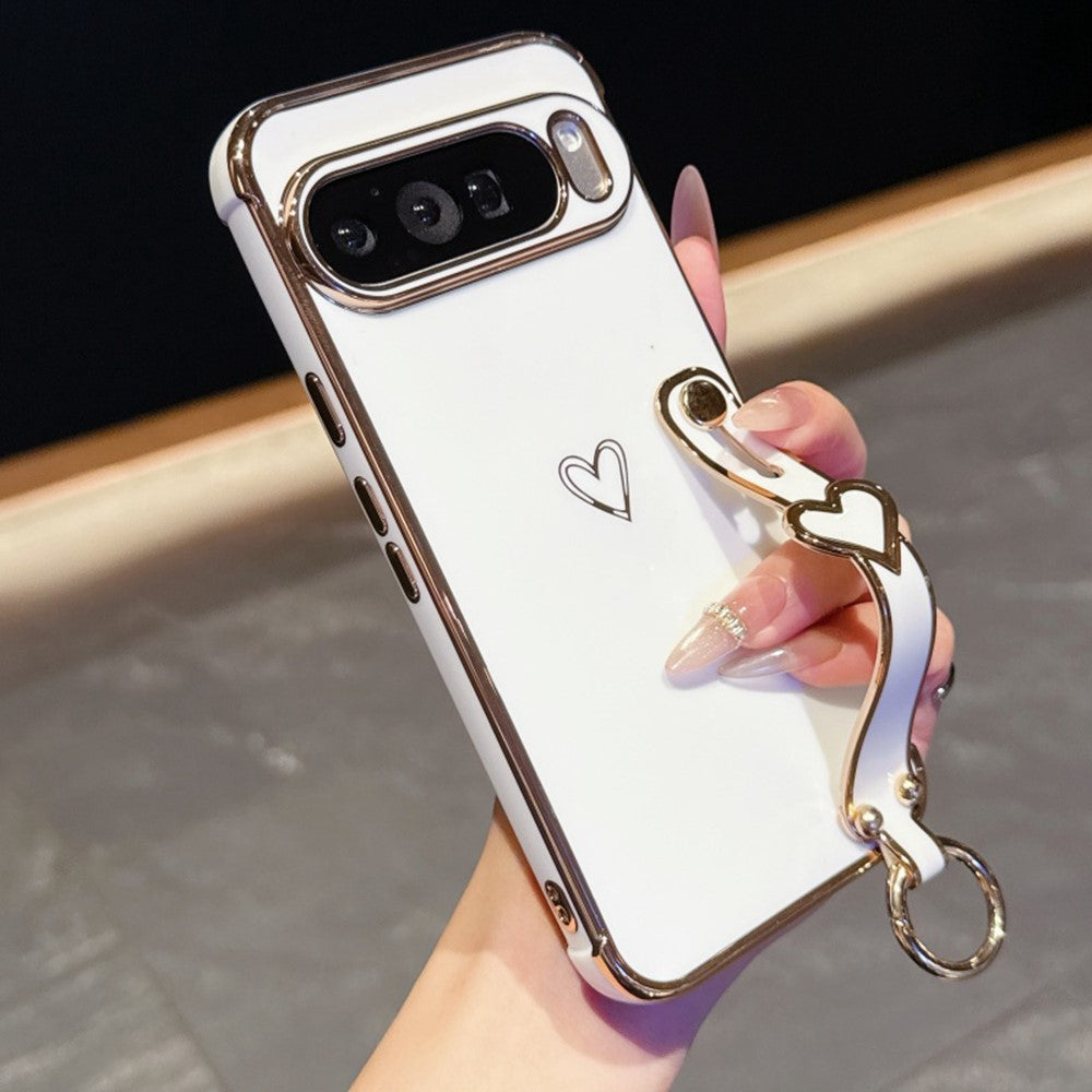 For Google Pixel 10 Pro XL Case Electroplated Heart Pattern TPU Phone Back Cover with Wristband Kickstand