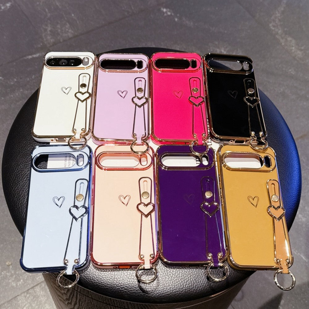For Google Pixel 10 Pro XL Case Electroplated Heart Pattern TPU Phone Back Cover with Wristband Kickstand
