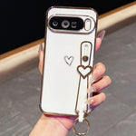 For Google Pixel 10 Pro XL Case Electroplated Heart Pattern TPU Phone Back Cover with Wristband Kickstand