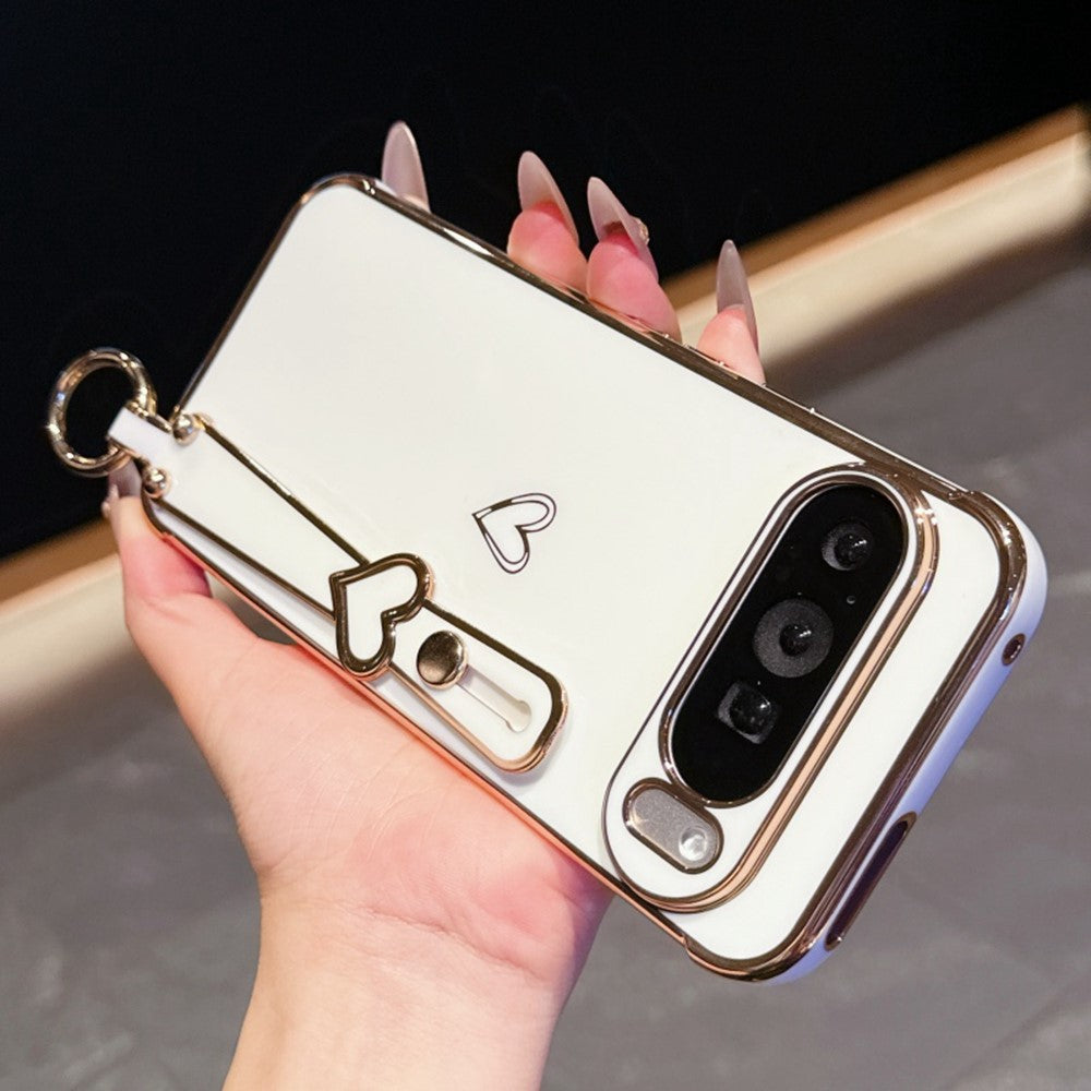 For Google Pixel 10 Pro XL Case Electroplated Heart Pattern TPU Phone Back Cover with Wristband Kickstand