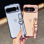 For Google Pixel 10 Pro XL Case Electroplated Heart Pattern TPU Phone Back Cover with Wristband Kickstand