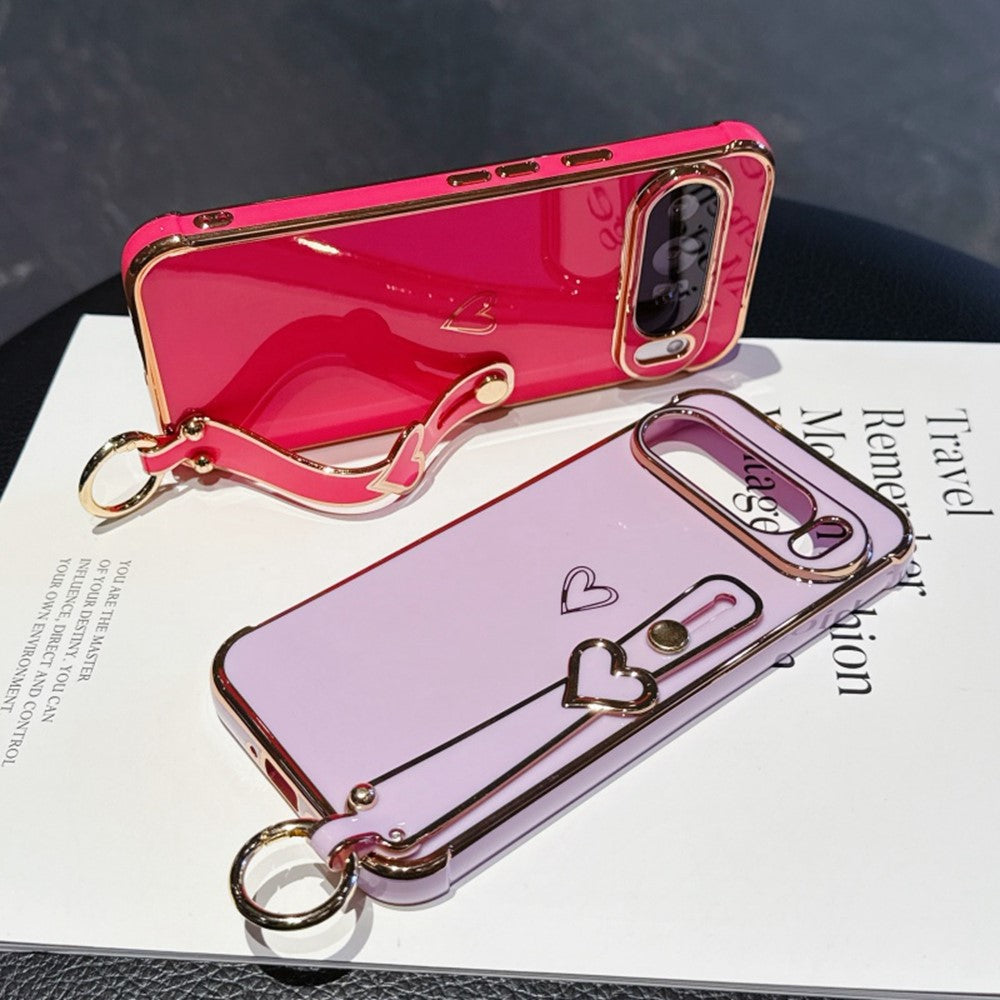 For Google Pixel 10 Pro XL Case Electroplated Heart Pattern TPU Phone Back Cover with Wristband Kickstand