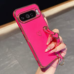 For Google Pixel 10 Pro XL Case Electroplated Heart Pattern TPU Phone Back Cover with Wristband Kickstand