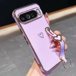 For Google Pixel 10 Pro XL Case Electroplated Heart Pattern TPU Phone Back Cover with Wristband Kickstand