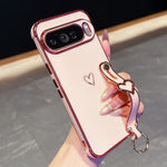 For Google Pixel 10 Pro XL Case Electroplated Heart Pattern TPU Phone Back Cover with Wristband Kickstand