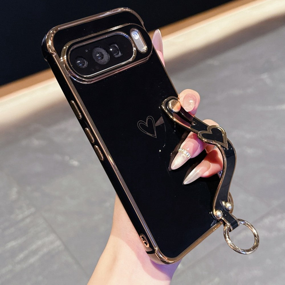 For Google Pixel 10 Pro XL Case Electroplated Heart Pattern TPU Phone Back Cover with Wristband Kickstand