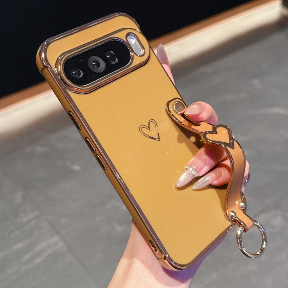 For Google Pixel 10 Pro XL Case Electroplated Heart Pattern TPU Phone Back Cover with Wristband Kickstand