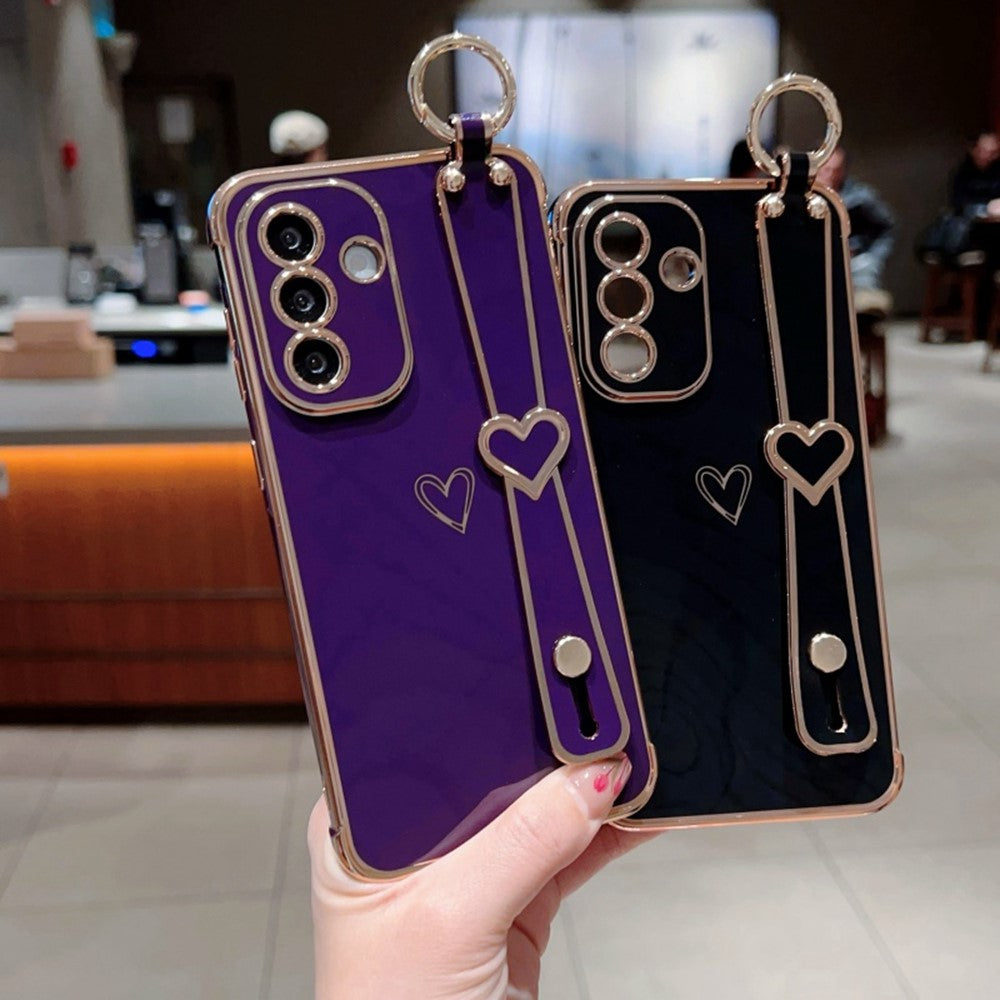 Til Samsung Galaxy A36 5G / A56 5G etui elektrobelagt hjerte mønster TPU telefonbagcover med håndledsrem/stativ