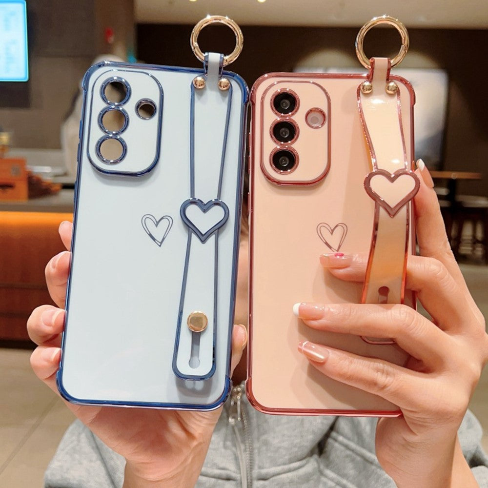 Til Samsung Galaxy A36 5G / A56 5G etui elektrobelagt hjerte mønster TPU telefonbagcover med håndledsrem/stativ