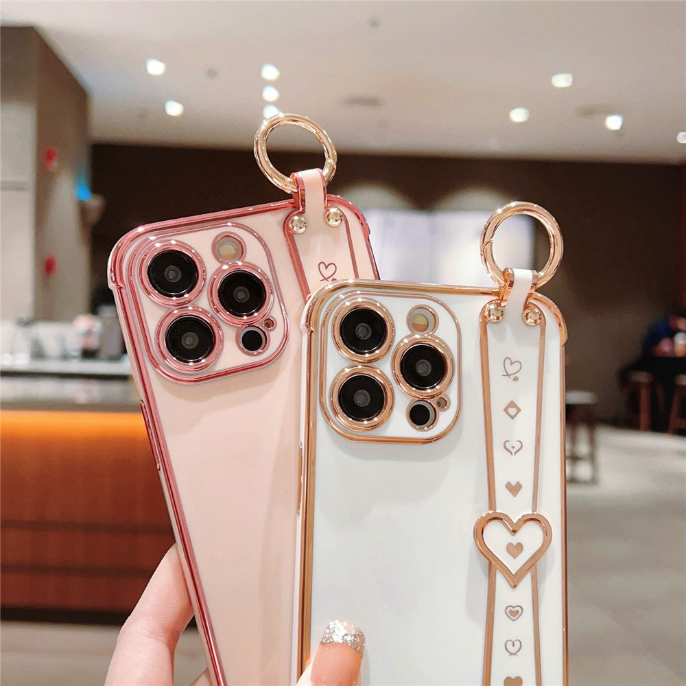 For iPhone 15 Pro Max Case Heart Wristband Kickstand Electroplated TPU Phone Cover
