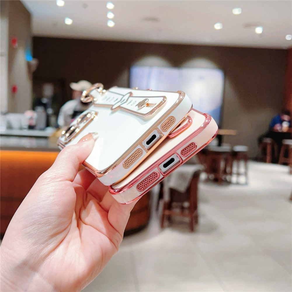 For iPhone 15 Pro Max Case Heart Wristband Kickstand Electroplated TPU Phone Cover