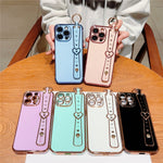 For iPhone 15 Pro Max Case Heart Wristband Kickstand Electroplated TPU Phone Cover