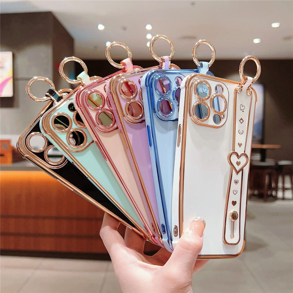 For iPhone 15 Pro Max Case Heart Wristband Kickstand Electroplated TPU Phone Cover