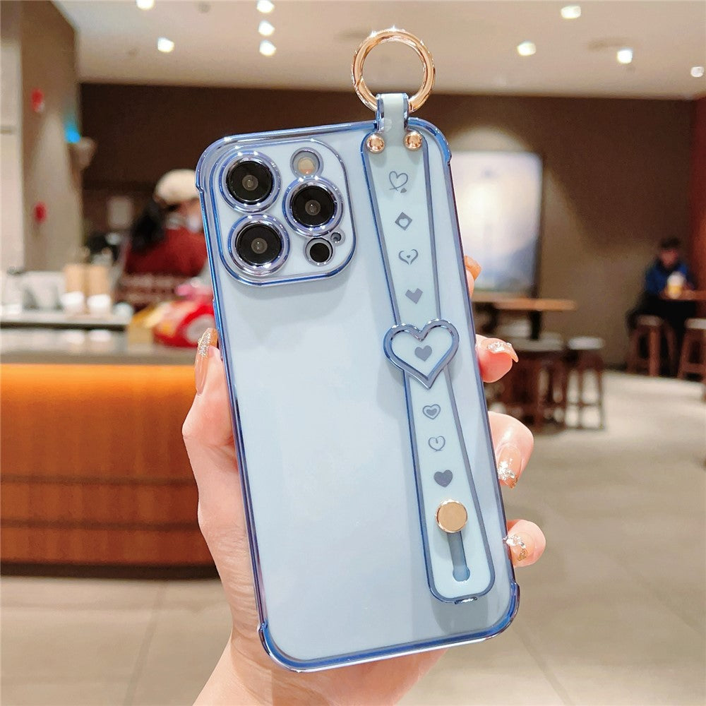 For iPhone 15 Pro Max Case Heart Wristband Kickstand Electroplated TPU Phone Cover