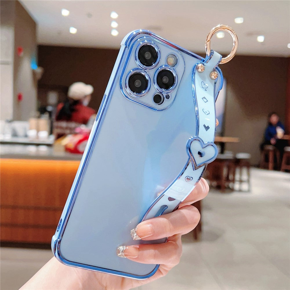 For iPhone 15 Pro Max Case Heart Wristband Kickstand Electroplated TPU Phone Cover