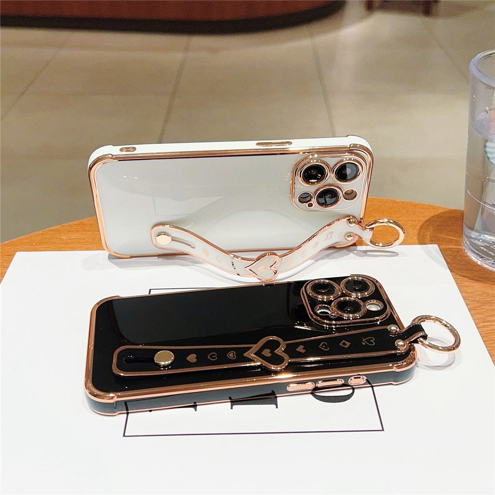 For iPhone 15 Pro Max Case Heart Wristband Kickstand Electroplated TPU Phone Cover