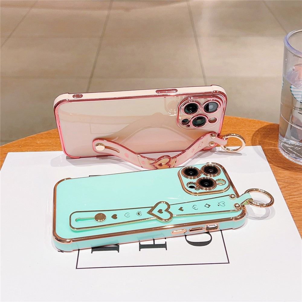 For iPhone 15 Pro Max Case Heart Wristband Kickstand Electroplated TPU Phone Cover