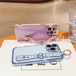 For iPhone 15 Pro Max Case Heart Wristband Kickstand Electroplated TPU Phone Cover