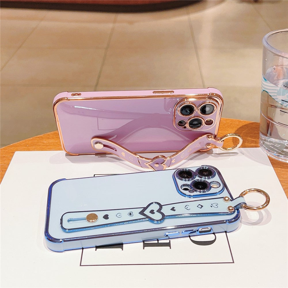 For iPhone 15 Pro Max Case Heart Wristband Kickstand Electroplated TPU Phone Cover
