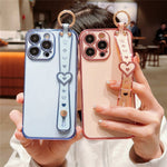 For iPhone 15 Pro Max Case Heart Wristband Kickstand Electroplated TPU Phone Cover