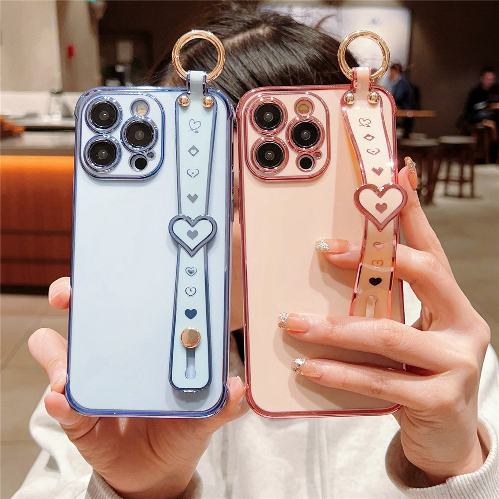 For iPhone 15 Pro Max Case Heart Wristband Kickstand Electroplated TPU Phone Cover