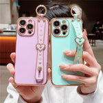 For iPhone 15 Pro Max Case Heart Wristband Kickstand Electroplated TPU Phone Cover