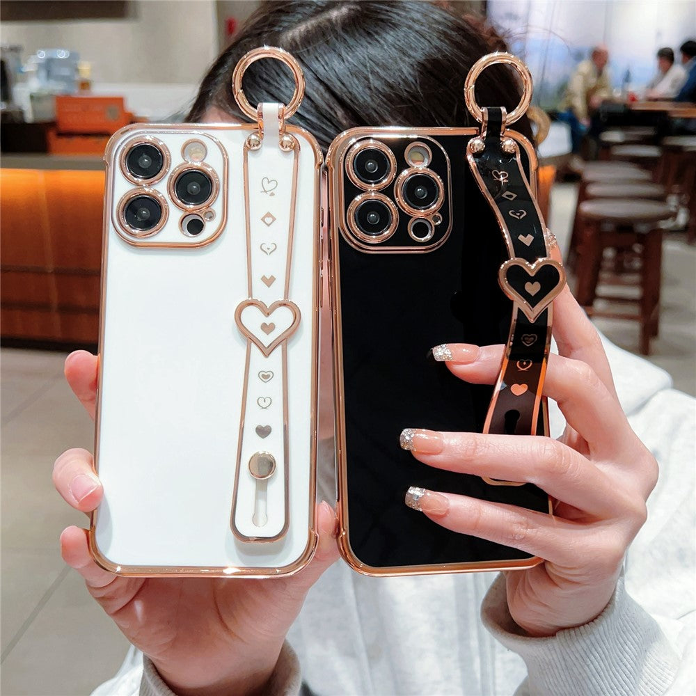 For iPhone 15 Pro Max Case Heart Wristband Kickstand Electroplated TPU Phone Cover
