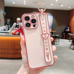 For iPhone 15 Pro Max Case Heart Wristband Kickstand Electroplated TPU Phone Cover