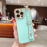 For iPhone 15 Pro Max Case Heart Wristband Kickstand Electroplated TPU Phone Cover