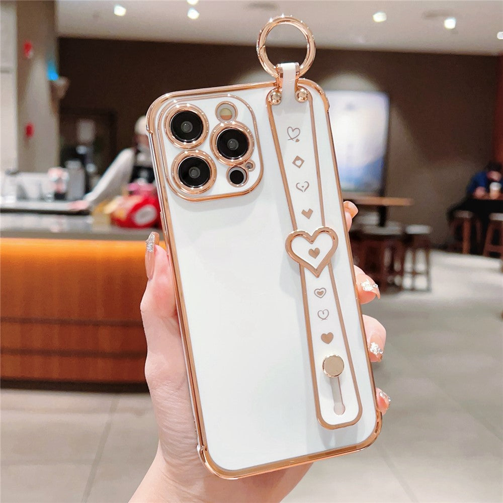 For iPhone 15 Pro Max Case Heart Wristband Kickstand Electroplated TPU Phone Cover