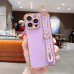 For iPhone 15 Pro Max Case Heart Wristband Kickstand Electroplated TPU Phone Cover