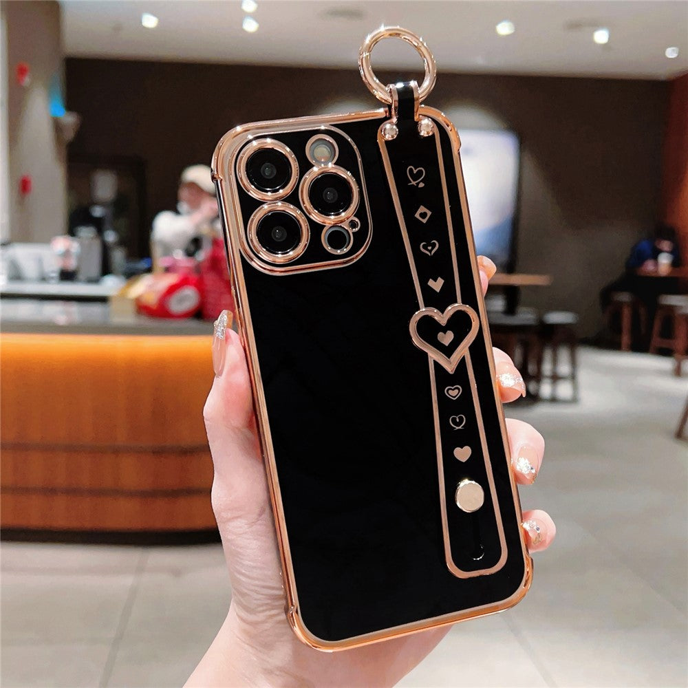 For iPhone 15 Pro Max Case Heart Wristband Kickstand Electroplated TPU Phone Cover
