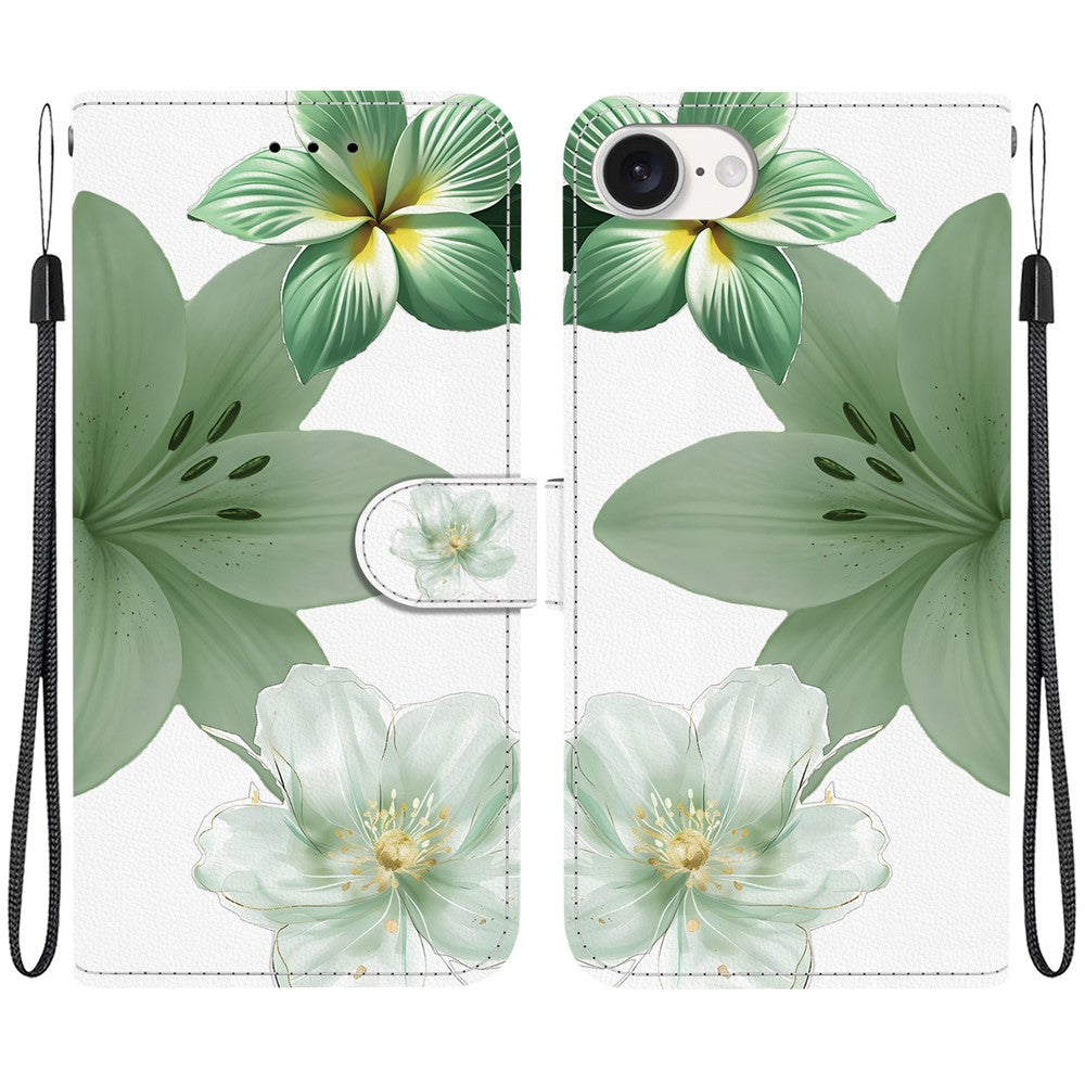 For iPhone 17th / 16th Case Pattern Printing PU Leather Wallet Flip Stand Phone Cover with Wrist Strap