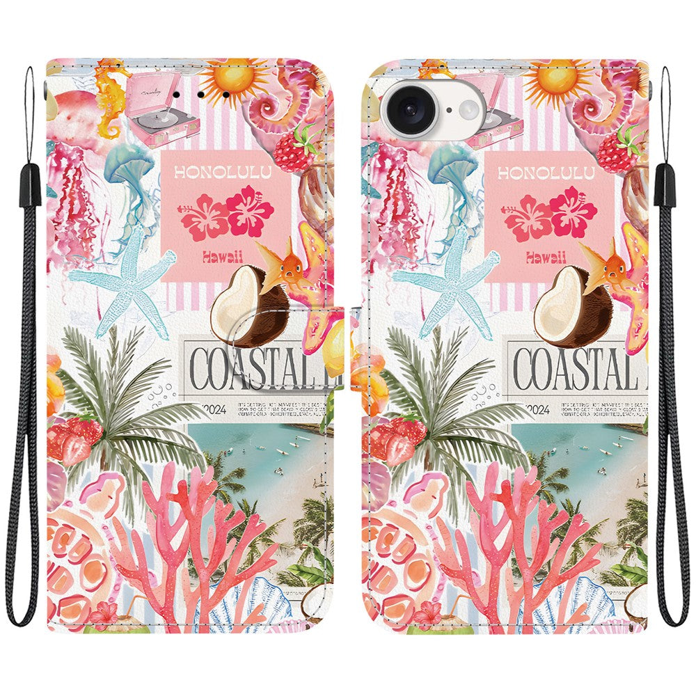 For iPhone 17th / 16th Case Pattern Printing PU Leather Wallet Flip Stand Phone Cover with Wrist Strap