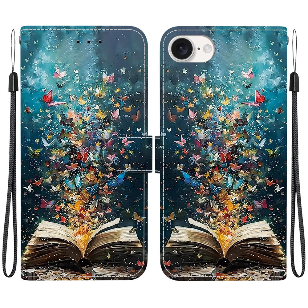 For iPhone 17th / 16th Case Pattern Printing PU Leather Wallet Flip Stand Phone Cover with Wrist Strap