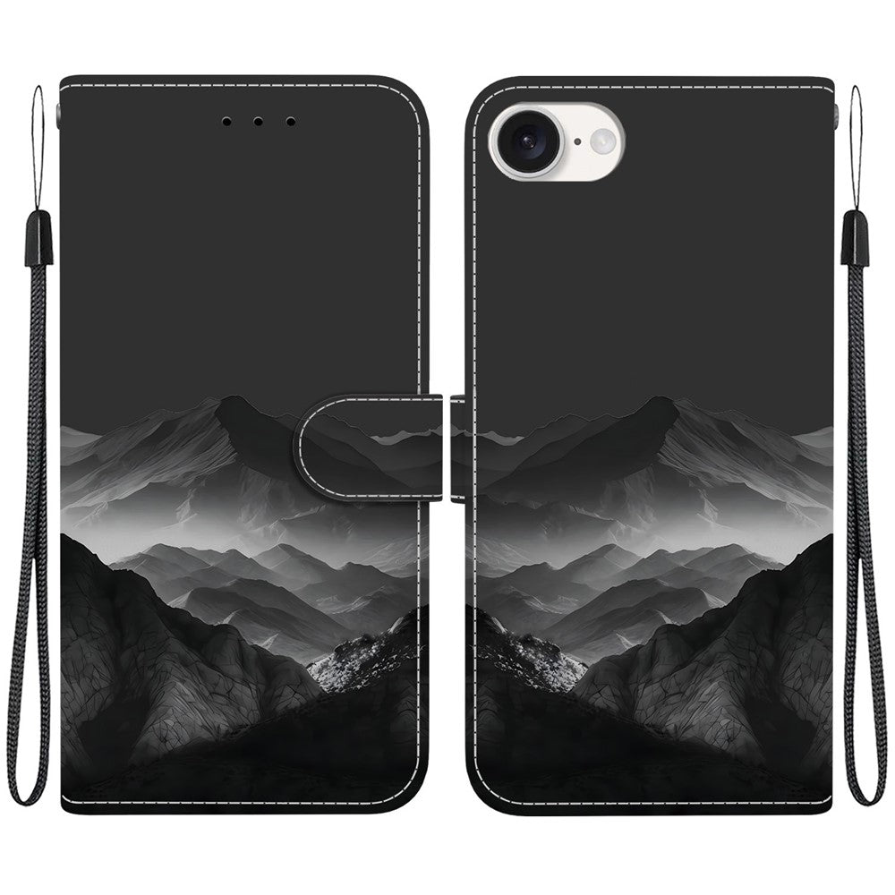 For iPhone 17th / 16th Case Pattern Printing PU Leather Wallet Flip Stand Phone Cover with Wrist Strap