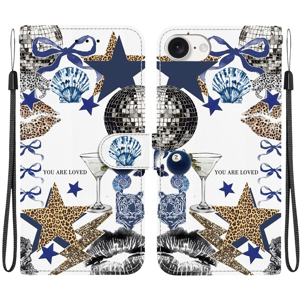 For iPhone 17th / 16th Case Pattern Printing PU Leather Wallet Flip Stand Phone Cover with Wrist Strap