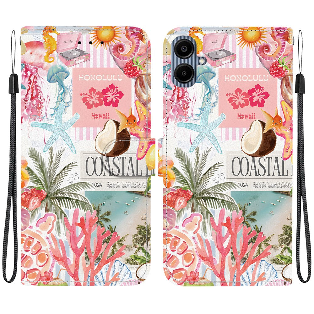 For Samsung Galaxy A08 4G / A07 4G Case Pattern Printing PU Leather Wallet Flip Stand Phone Cover with Wrist Strap