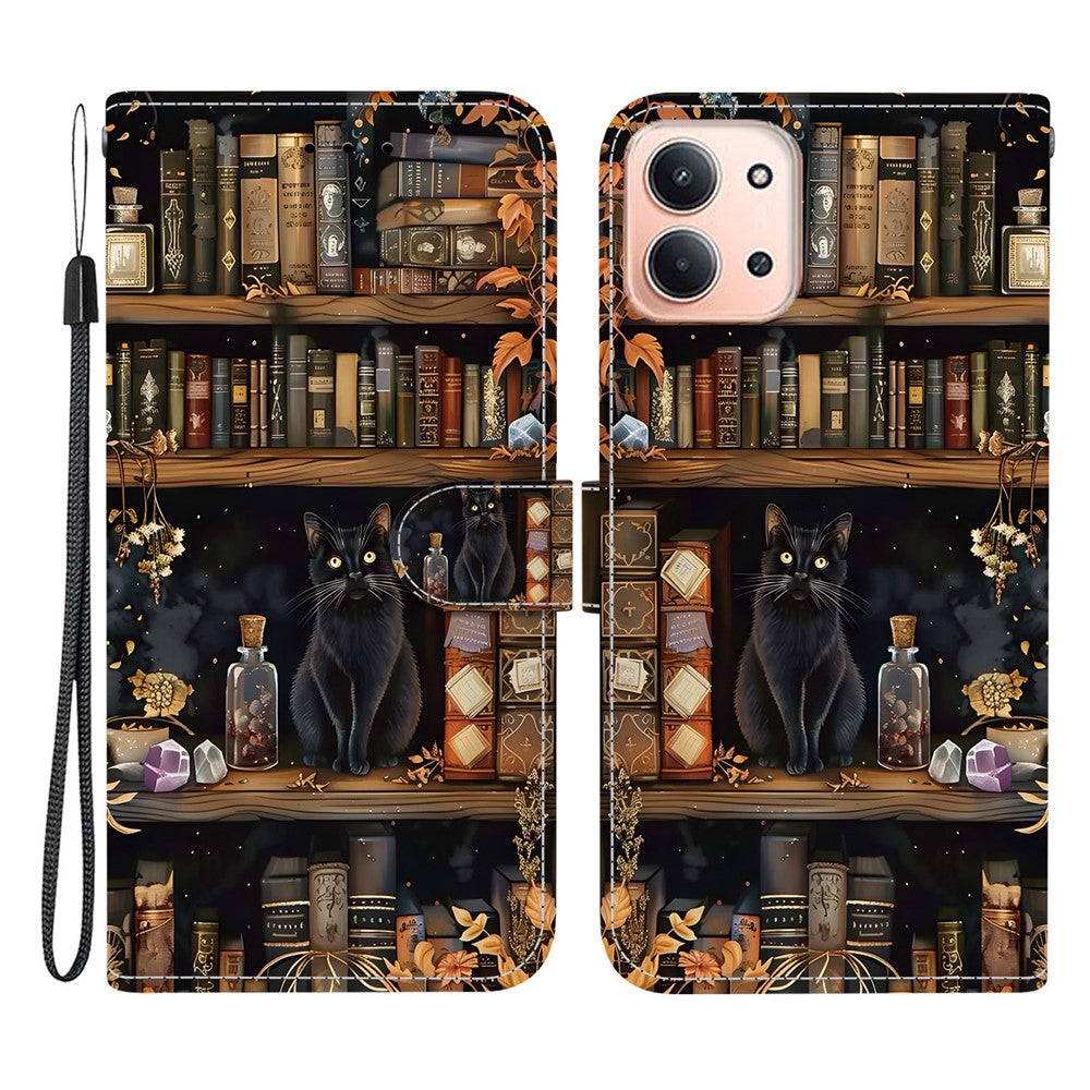 Xiaomi Redmi 15C 5G (EU) (173 mm) / 15C 4G (EU) (173 mm) etui, PU-læder med mønstertryk, tegnebogsetui med foldbart stativ og mobilcover med håndledsrem