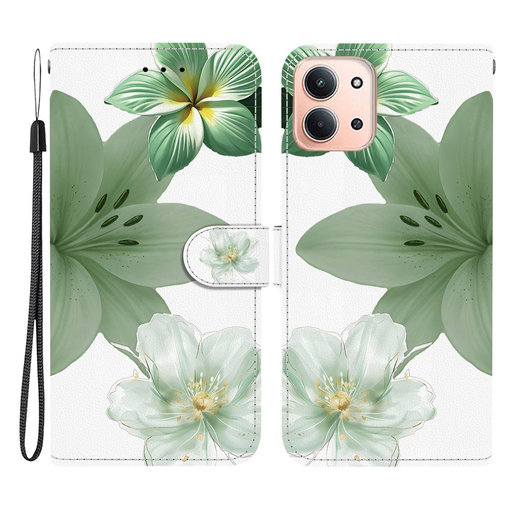 Xiaomi Redmi 15C 5G (EU) (173 mm) / 15C 4G (EU) (173 mm) etui, PU-læder med mønstertryk, tegnebogsetui med foldbart stativ og mobilcover med håndledsrem