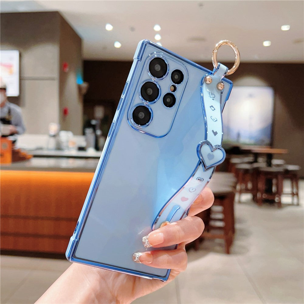 Samsung Galaxy S24 Ultra-cover med hjerte, håndledsrem og stativ, elektropletteret TPU-mobilcover