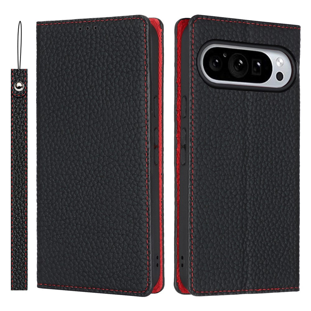 For Google Pixel 11 Pro XL Wallet Case Genuine Cow Leather Phone Cover Litchi Texture