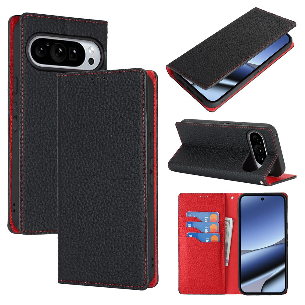 For Google Pixel 11 Pro XL Wallet Case Genuine Cow Leather Phone Cover Litchi Texture