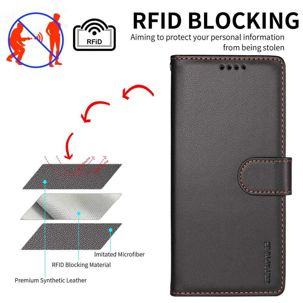 BETOPNICE 006 til iPhone 15 Pro Cover RFID Blokerende Pung Stand Læder Telefoncover med Håndrem