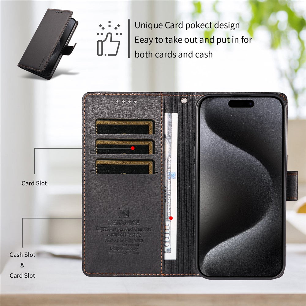 BETOPNICE 006 til iPhone 15 Pro Cover RFID Blokerende Pung Stand Læder Telefoncover med Håndrem