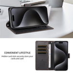 BETOPNICE 006 til iPhone 15 Pro Cover RFID Blokerende Pung Stand Læder Telefoncover med Håndrem