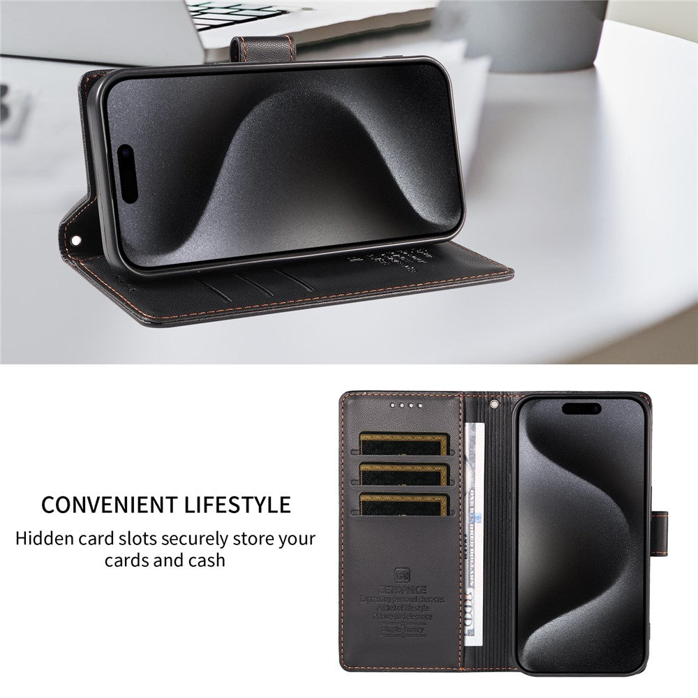 BETOPNICE 006 til iPhone 15 Pro Cover RFID Blokerende Pung Stand Læder Telefoncover med Håndrem